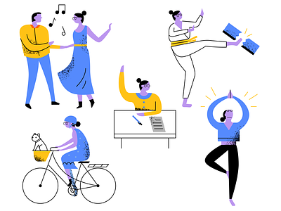 A Well-rounded Life action app bike dancing design editorial flat icon illustration karate life lifestyle people school tech texture ui vector women yoga