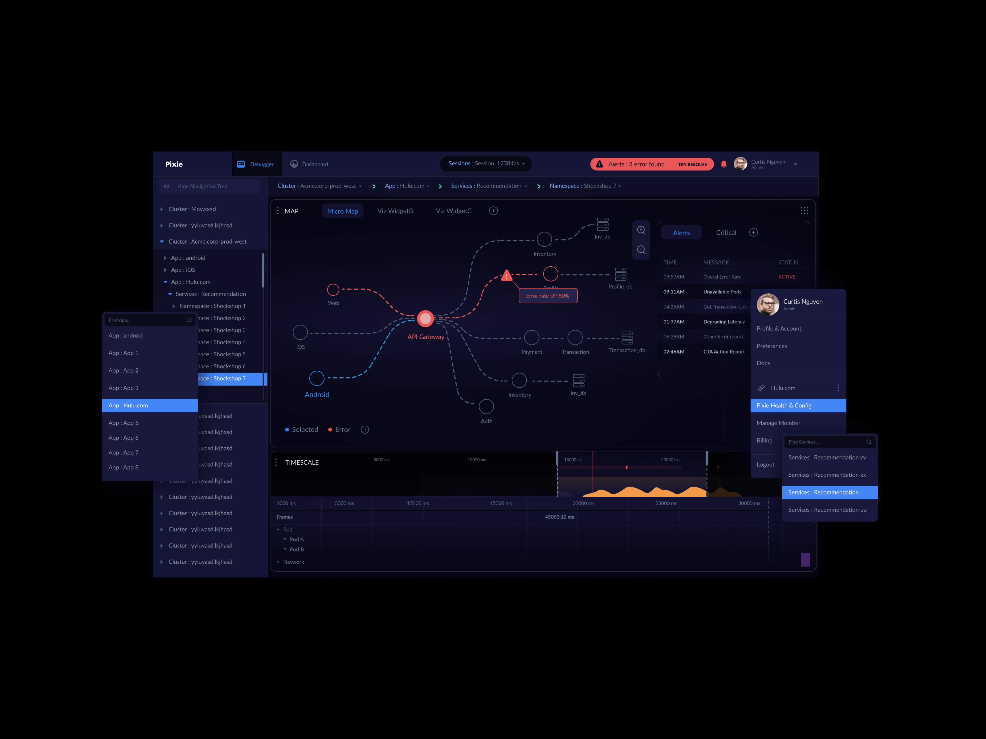 Pixie Labs product design initial exploration api dark dark mode dashboard design graph product design saas startup stats ui ux