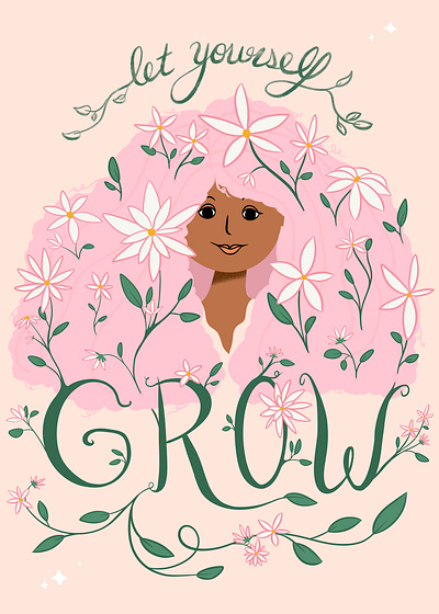 "Let Yourself Grow" Illustration by Julia Barry blue brown floral flower grow growing hair hand drawn hand lettered hand lettering illustration inspiration julia barry orange pink plants procreate script woman yellow