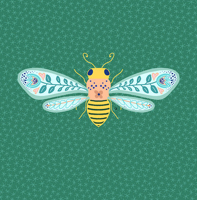 Folk Art Bee Illustration by Julia Barry adorable bee blue bug bumblebee cute drawing flower folk art folksy green hand drawn heart illustration insect julia barry procreate whimsical yellow