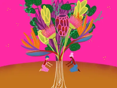 Tropical Gardeners Illustration by Julia Barry bouquet bright colorful community earth fantastical flowers garden gardeners hand drawn illustration julia barry nature people pink pink sky procreate soil tropical whimsical