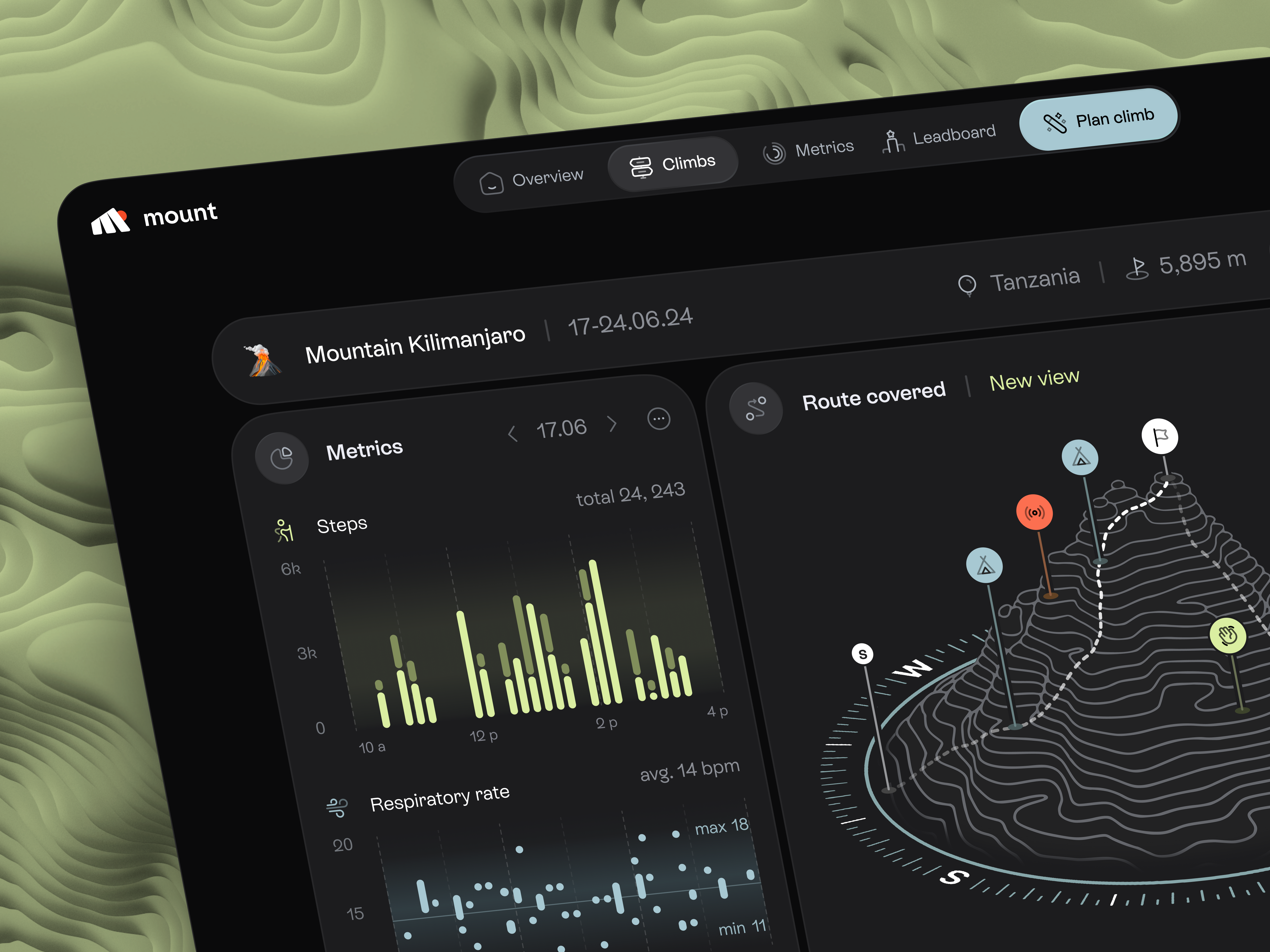 Travel App | Tracking | Hiking Dashboard | Trip Creating Soft analitycs charts creating dashboard fireart flow graphs icon dock journey log logo metrics overview saas stats tab bar tracking travel trip web app