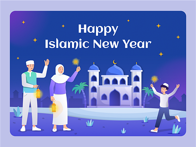 Happy Islamic New Year 2d design firework flat flat illustration graphic design hero illustration islamic new year landing mosque muharram ui vector website