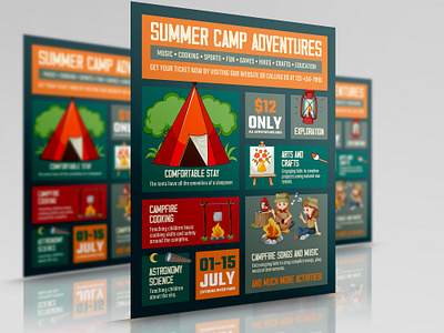 Kids Summer Camp Flyer Template adventure camping child class community day design flyer food fun holiday illustration kids leaflet poster pre school school scouts sport summer