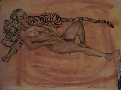 Girl Laying On A Tiger. arms art body charcoaldrawing contours detaildrawing draw dynamicdrawing feet fineart girl graphic design handdrawing illustration lady logo graphic model nude pastels tigger