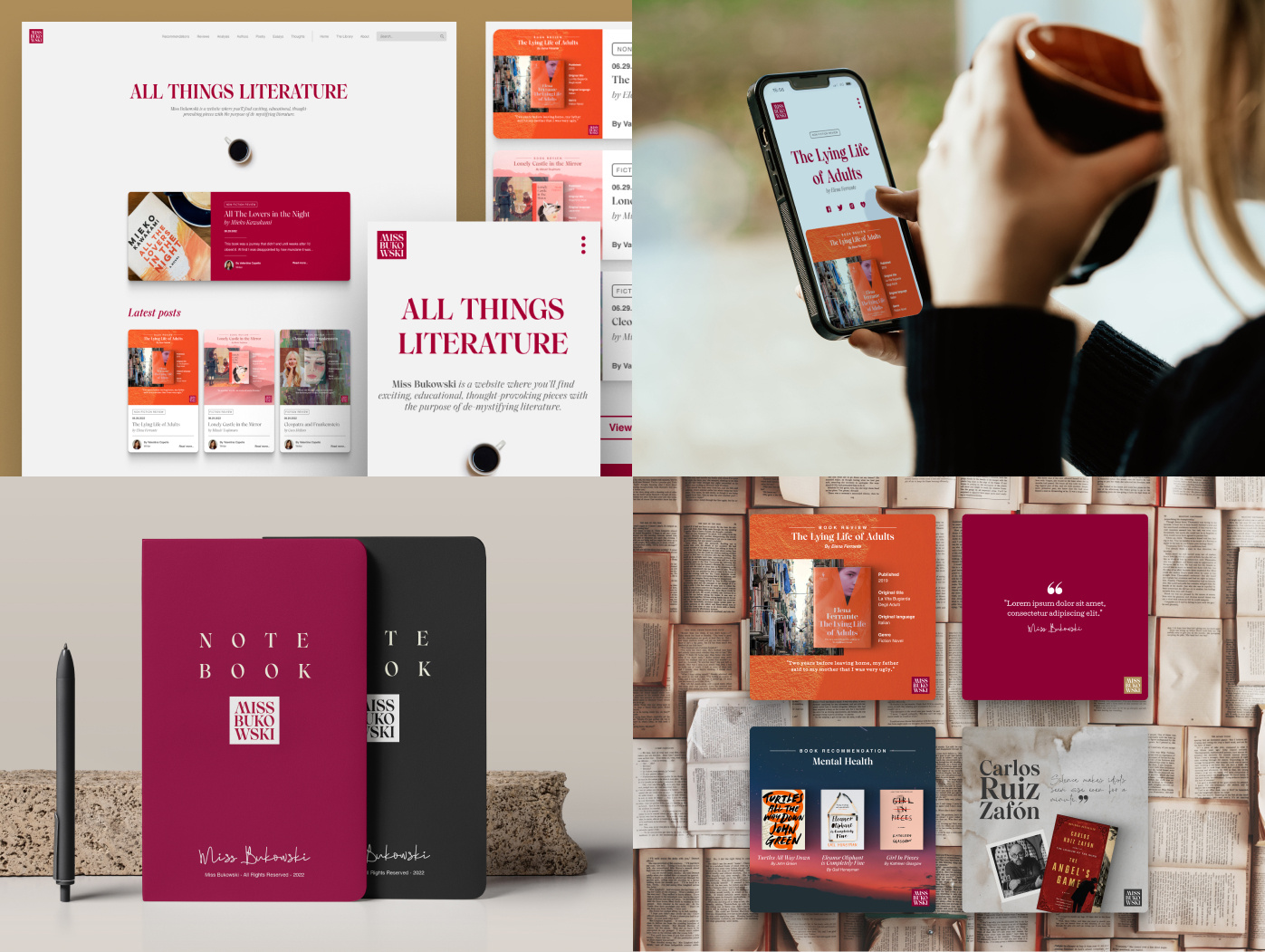📚 Branding for Miss Bukowski adaptif blog brand identity brand strategy brandbook branding bukowski charles bukowski color system design figma graphic design literature logo logo animaiton logo design miss bukowski ui web design webflow