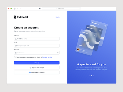 Sign up page - Riddle UI dashboard design design system figma figma design hero section login page minimal design product design riddle riddle ui riddleui signup ui ui kit user interface ux