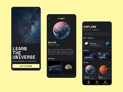 Learn The Universe 🪐 Mobile App app design astronaut cosmos daily ui design earth figma galaxy mobile app planet rocket space spaceship stars ui ux universe