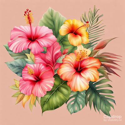 Watercolor art Tropical Flowers graphic design logo