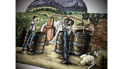 Short Mountain Distillery Label Artwork by Steven Noble artist artwork design engraving etching illustration illustrator line art linocut pen and ink scratchboard steven noble woodcut