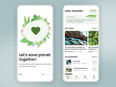 Eco lifestyle app ecology feed green home page illustration lifestyle mobile news onboarding plants podcasts ui