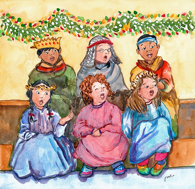 Singing with all their hearts children illustration children singing childrens book illustration christmas carols holiday celebration illustration watercolor