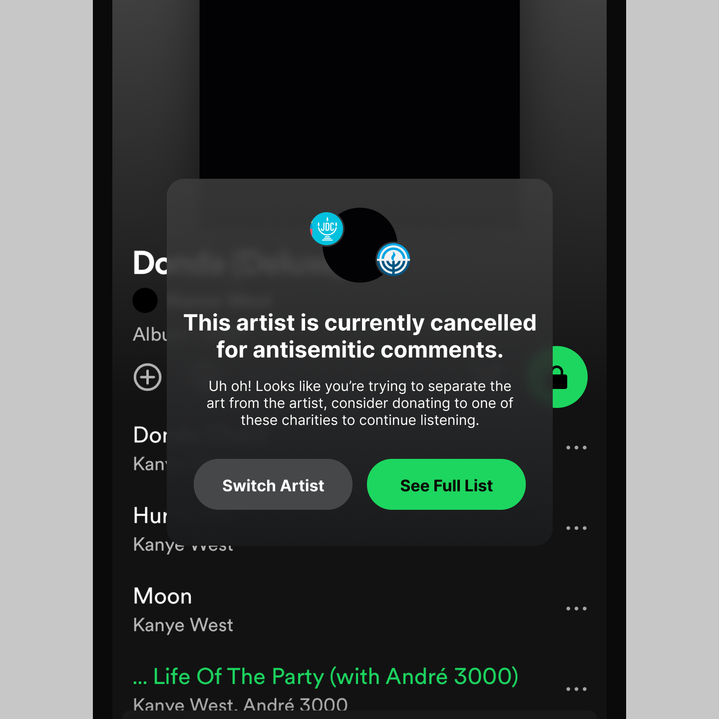 Spotify 'Cancelled Artists' UI app graphic design minimal spotify ui
