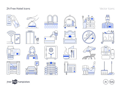24 Free Hotel Icon Set (AI, SVG, PNG) free free icon set free icons free vector icons freebie hotel hotel icons icon icon pack icon set icons photoshop psd template templates travel vacation