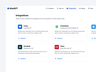Integrations ai apps cards chatbot connect apps dashboard integrations navigation product third party tools ui ui design ux ux design web app web design website workflow