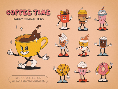 Retro coffee characters character coffee concept design dessert drinks food groovy illustration mascot retro vector vintage