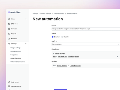 Automation Rules in neetoChat automation chat customer design minimal product ui ux
