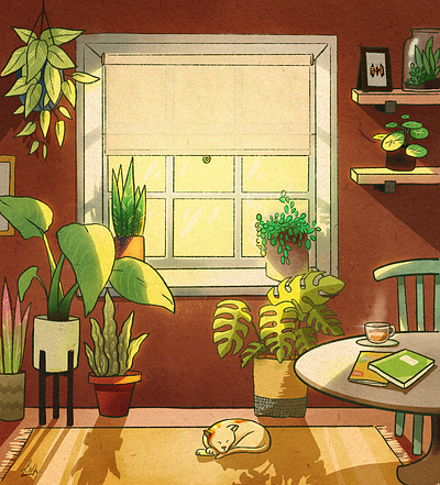 Home sweet home cat coffee comfort home house illustration lighting living room plants procreate sun tea window