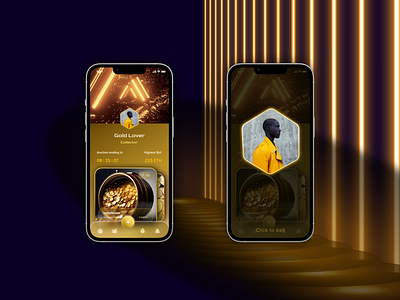 NFT Trading app - User Profile app design glass glassmorphism glowing gold golden interface nft nfttrading picture profile screen trading ui user ux