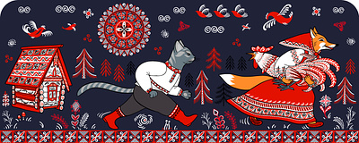 A cat, a rooster and a fox. cat folk art folklore motifs fox illustration mezen rooster russian fairy tale