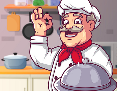 Happy Chef With a Tray cahef cartoon character chef illustration chef mascot colorful cooking debut design design character food game character graphic design illustration logo mascot mascot mascot design