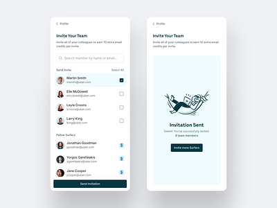 Invite Team Member — Surfe UI affiliate program checkbox clean modal credits design system invite invite flow invite team minimal ui parterships product design saas product select share slide out team members ui components ui design ui elements visual design