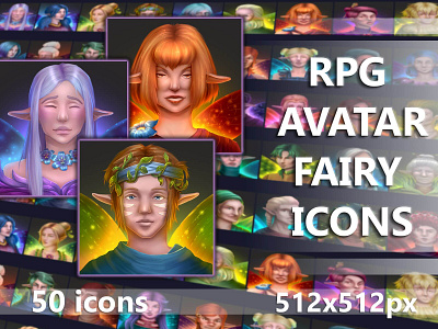 RPG Avatar Fairy Icons 2d art asset assets avatar avatars fairy fantasy game game assets gamedev icon icone icons illustration indie game mmo mmorpg portrait rpg