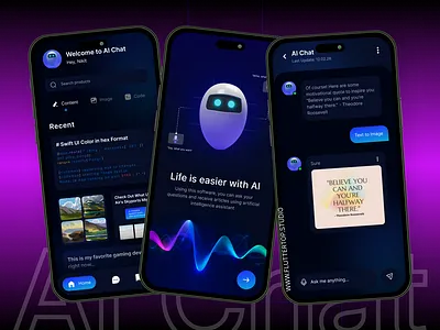 ChatAIBot: Seamless conversations powered by intelligent AI. ai ai assistant artificial intelligence chat chat app chatbot chatgpt conversational interface dalle fluttertop gpt messaging mobile mobile app mobile design promt uiux ux virtual assistant voice recognition