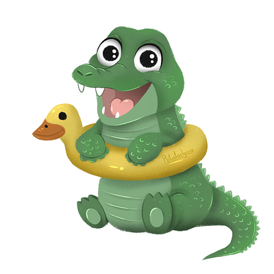 Crocodile with a swimming circle childrens book illustration