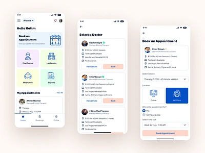 Book Therapist appointment book care doctor figma health medical medication mobile app therapy ui