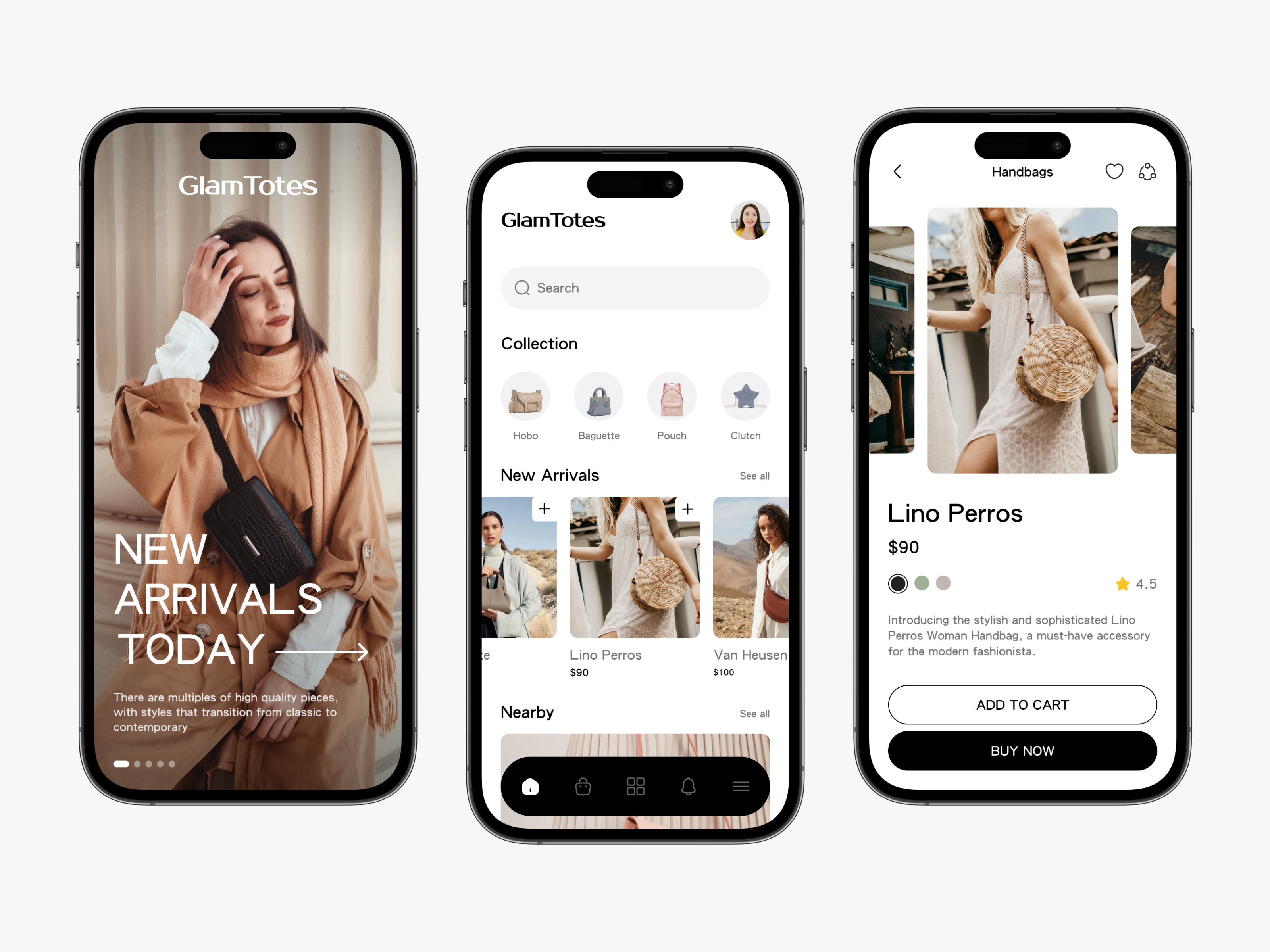 Glam Totes - eCommerce App app app design bag clean design ecommerce fashion hand bag marketplace mobile mobile app mobile app design online store shop simple store ui uiux ux woman hand bag app