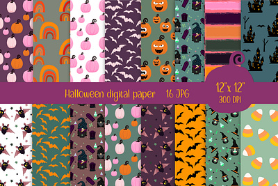 Halloween digital paper animal bat cartoon castle character didgital paper fall gnome graphic design halloween halloween castle halloween character halloween pattern illustration patter pumpkin seamless spooky stickers witch