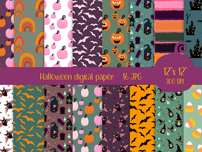 Halloween digital paper animal bat cartoon castle character didgital paper fall gnome graphic design halloween halloween castle halloween character halloween pattern illustration patter pumpkin seamless spooky stickers witch