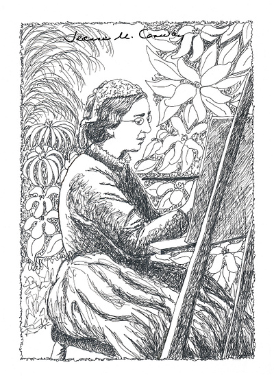 Woman painting in the jungle in 1860 book illustration drawing forest illustration ink illustration woman painting