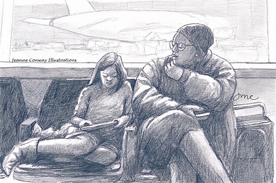 Waiting for the plane to board airport childrens book illustration drawing family illustration mother and daughter pencil plane
