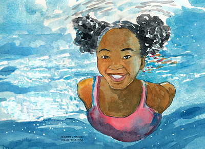 Smiling while underwater children illustration childrens book illustration girl swimming illustration watercolor