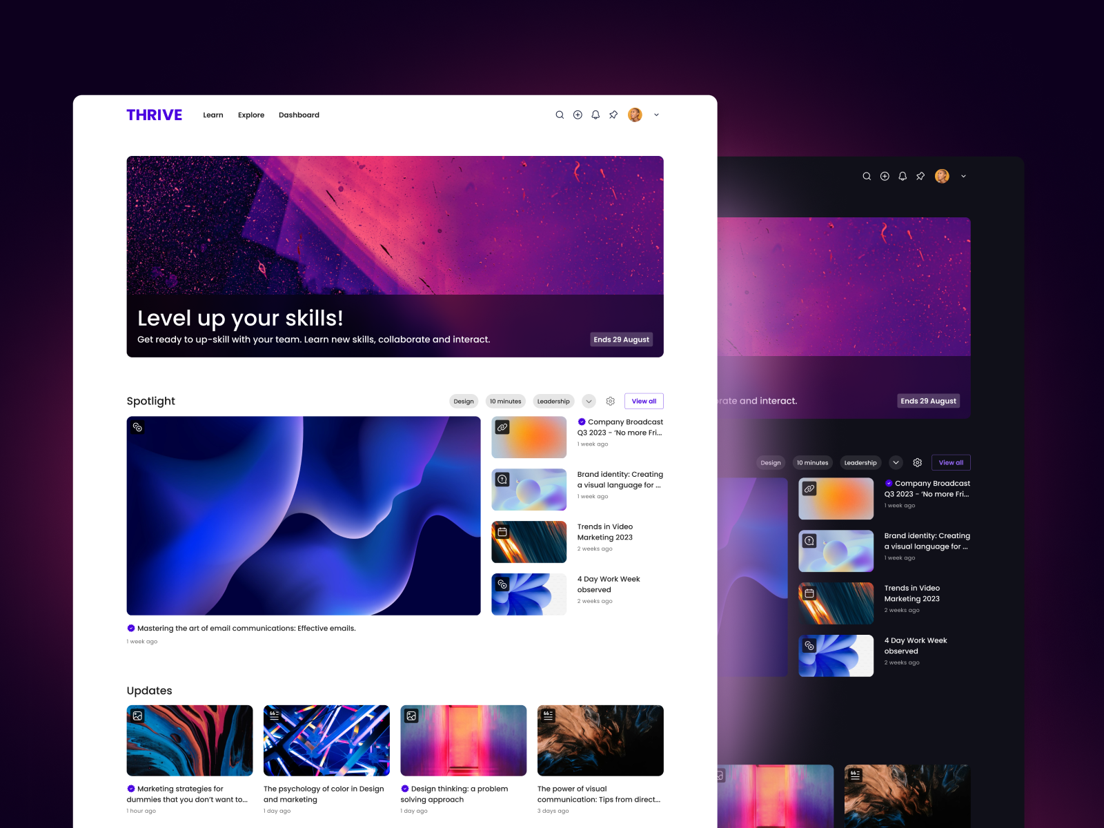 THRIVE UI 2.0 articles branding campaign cards content dashboard design hero hero banner home page learning nav bar navigations platform redesign refresh skills ui video web