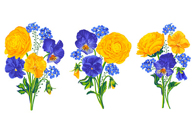 Floral composition set with Pansies and Ranunculus 2d adobe illustrator art battercup botanical digitalart flower illustration pansies realistic flowers vector vector flowers viola