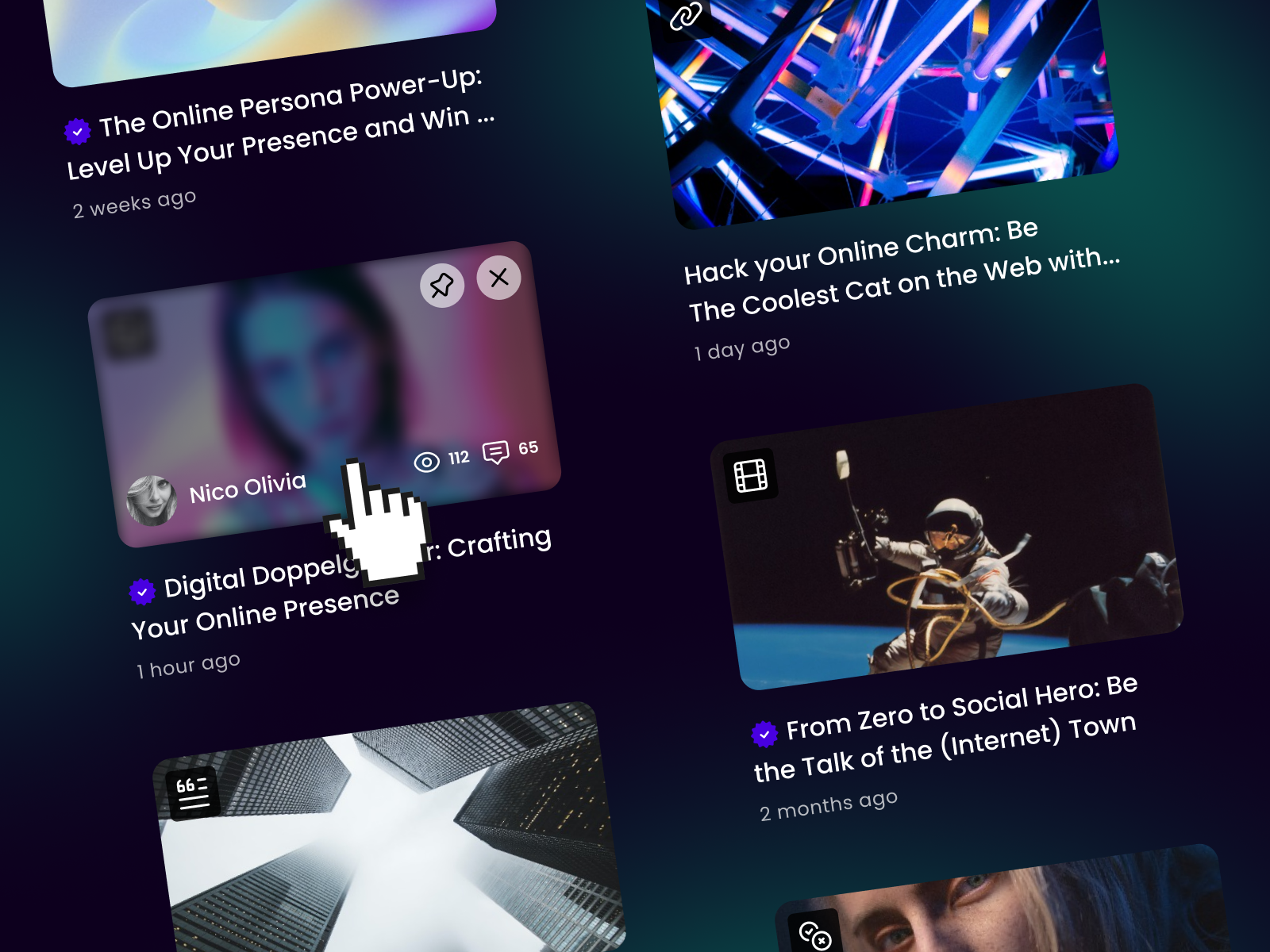 Revamping Content Cards app articles avatar branding card cards content darkmode dashboard design home page hover icons interaction redesign refresh streaming ui video web