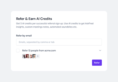 Refer & Earn: From Fireflies Referral Flow ai app credits earn invite meeting purple refer refer and earn referral referral program saas suggestions ui ux web app