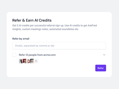 Refer & Earn: From Fireflies Referral Flow ai app credits earn invite meeting purple refer refer and earn referral referral program saas suggestions ui ux web app