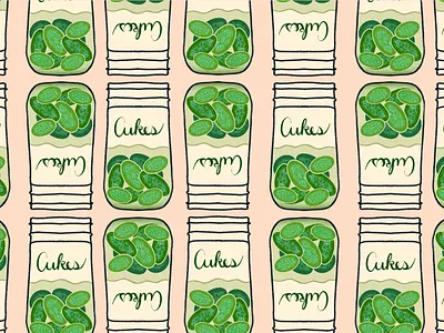 "Make Pickles" Illustration & Patterns by Julia Barry cucumber fun glass jar green hand drawn hand lettered hand lettering humor illustration jar julia barry mason jar pattern peach pickles procreate retro vintage whimsical