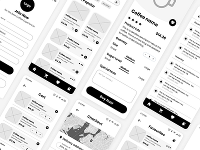 Coffee App Mid-Fidelity Wireframes | UI Design app coffee app design low fidelity mid fidelity ui ux wireframe wireframes