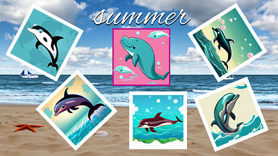 watercolour summer animation illustration дельфины животные лето море пляж