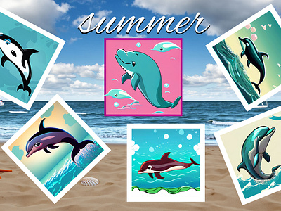 watercolour summer animation illustration дельфины животные лето море пляж