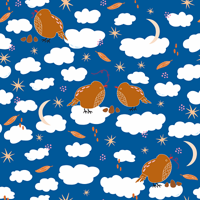 Bird Patterns from Winter Dreaming Collection by Julia Barry adorable animal pattern birds blue celestial cute cute pattern design hand drawn illustration julia barry pattern procreate product design sky surface design yellow