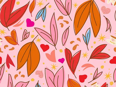 Leaves & Teacups Patterns by Julia Barry blue brown design droplets drops hand drawn illustration julia barry leaves pattern pink procreate product design red scatter scatter pattern surface design tea teacup winter