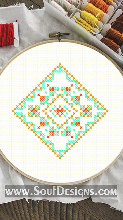 Aquamarine Orange Folk Embroidery Cross Stitch Pattern embroidery