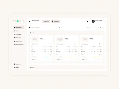 cropler account agriculture analytics branding dashboard desktop fields map monitoring plants satelite settings ui ux weather