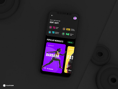 Fitness App: In a Gym — 3D Animation scene animation bench c4d cinema 4d cinema4d concept dark elegant environment gym iphone motion graphics sleek weight weights workout